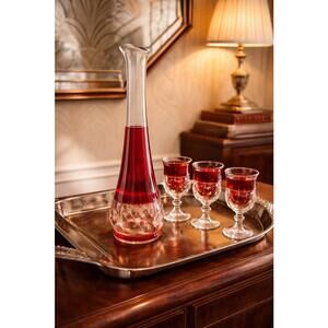 Tiffin USA 1930s King Crown Thumbprint Cranberry Decanter 4 Cordial Glasses Set